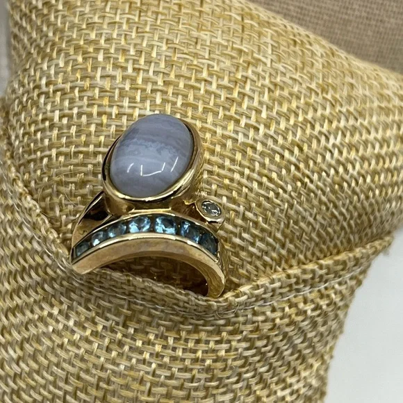 Vintage Estate Ring 925 Gold with Blue Chalcedony and Accent Stones - Picture 9 of 15